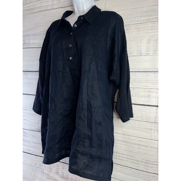 J. Jill  Love Linen Navy Linen Tunic Top  3/4 Knit Sleeve Woven Front - Picture 3 of 13